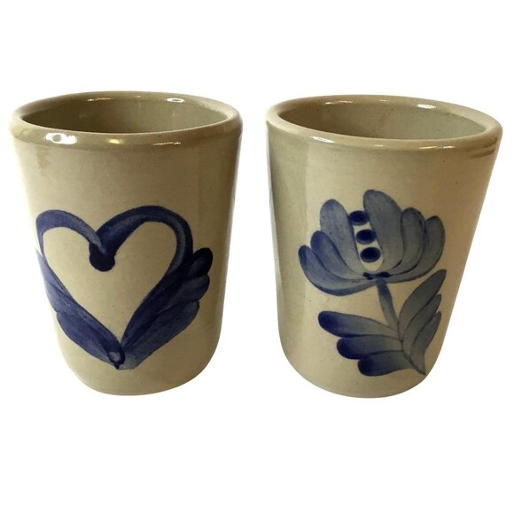 Signed 1988 1989 Studio Pottery Tumblers Salt Glaze Folk Heart Flower Blue Pair - Picture 1 of 8